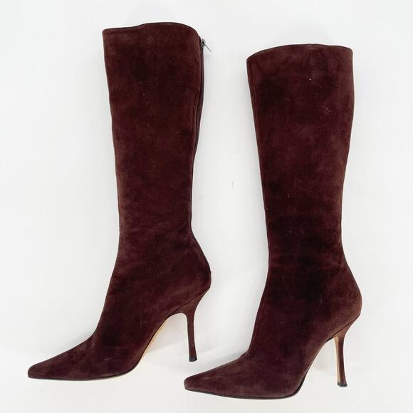 Retro Jimmy Choo Chocolate Brown Suede Knee High Pointed Toe Heeled Boot IT 41 - Picture 2 of 10